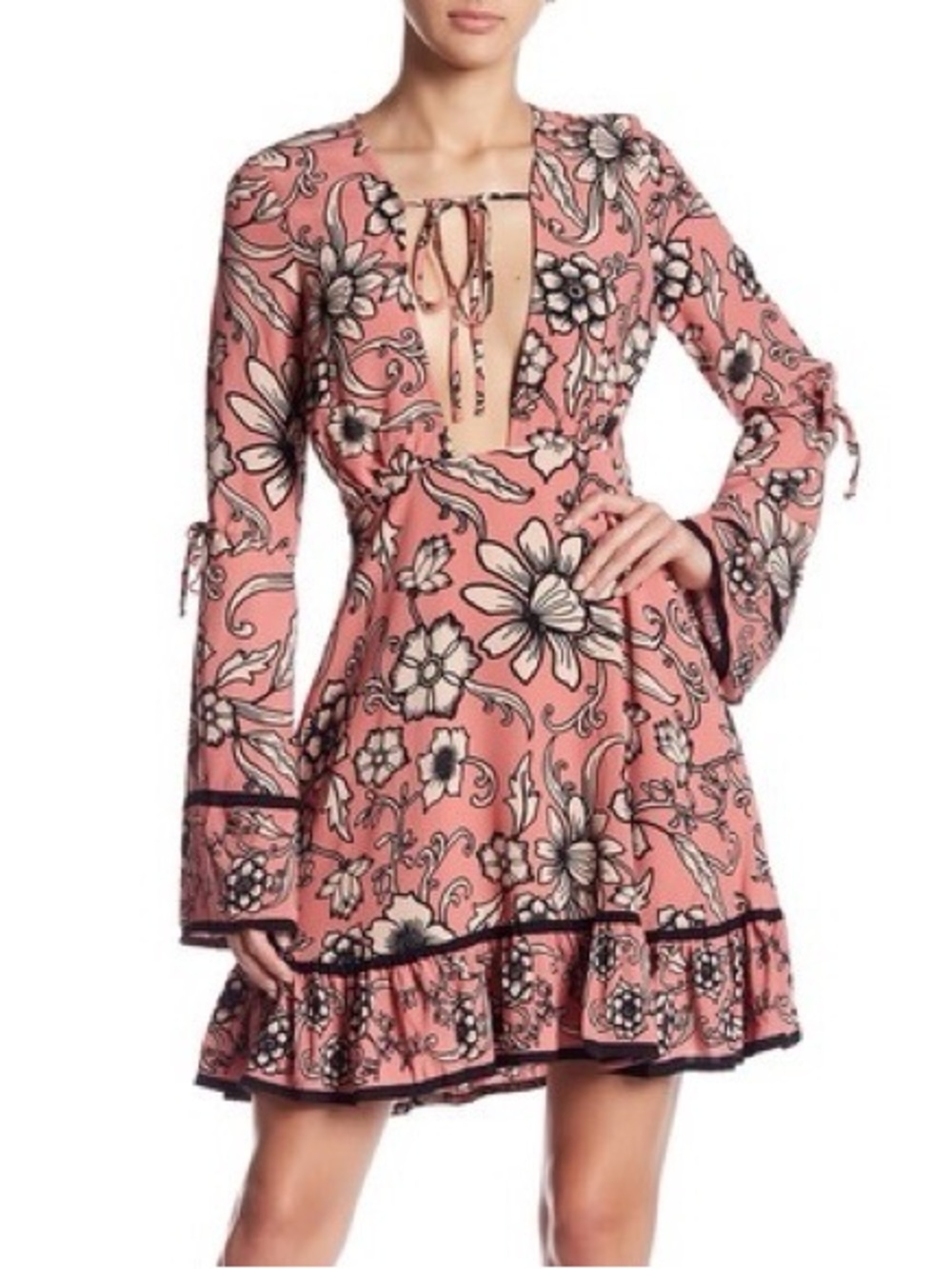 For Love & Lemons Ayla Plunging Neckline Floral Mini Dress Size Large